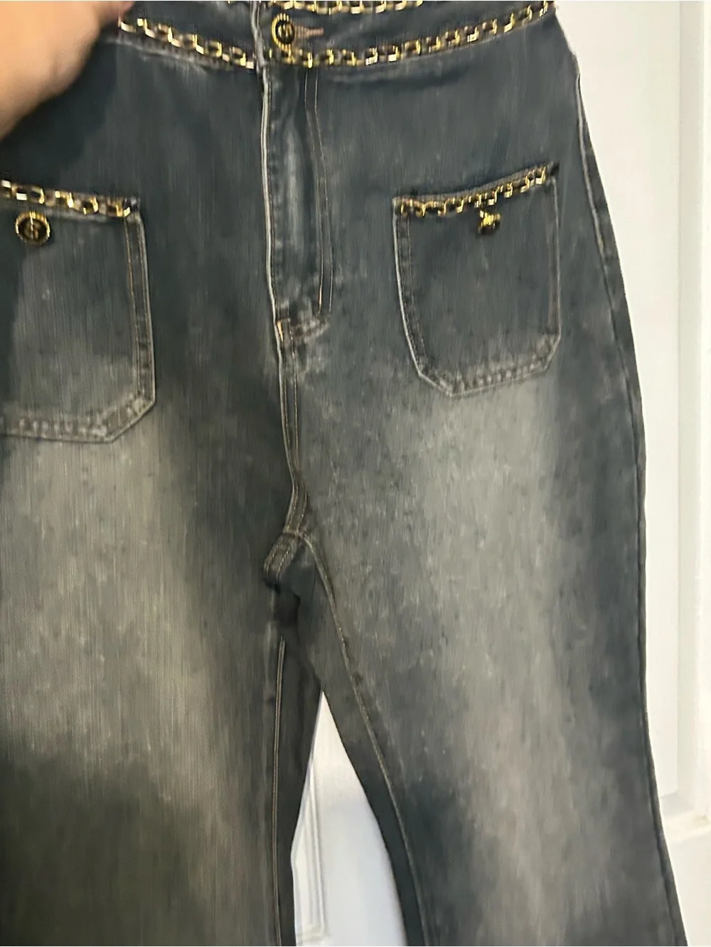 CHANEL Dark Blue Denim Jeans with Gold Chain Trim